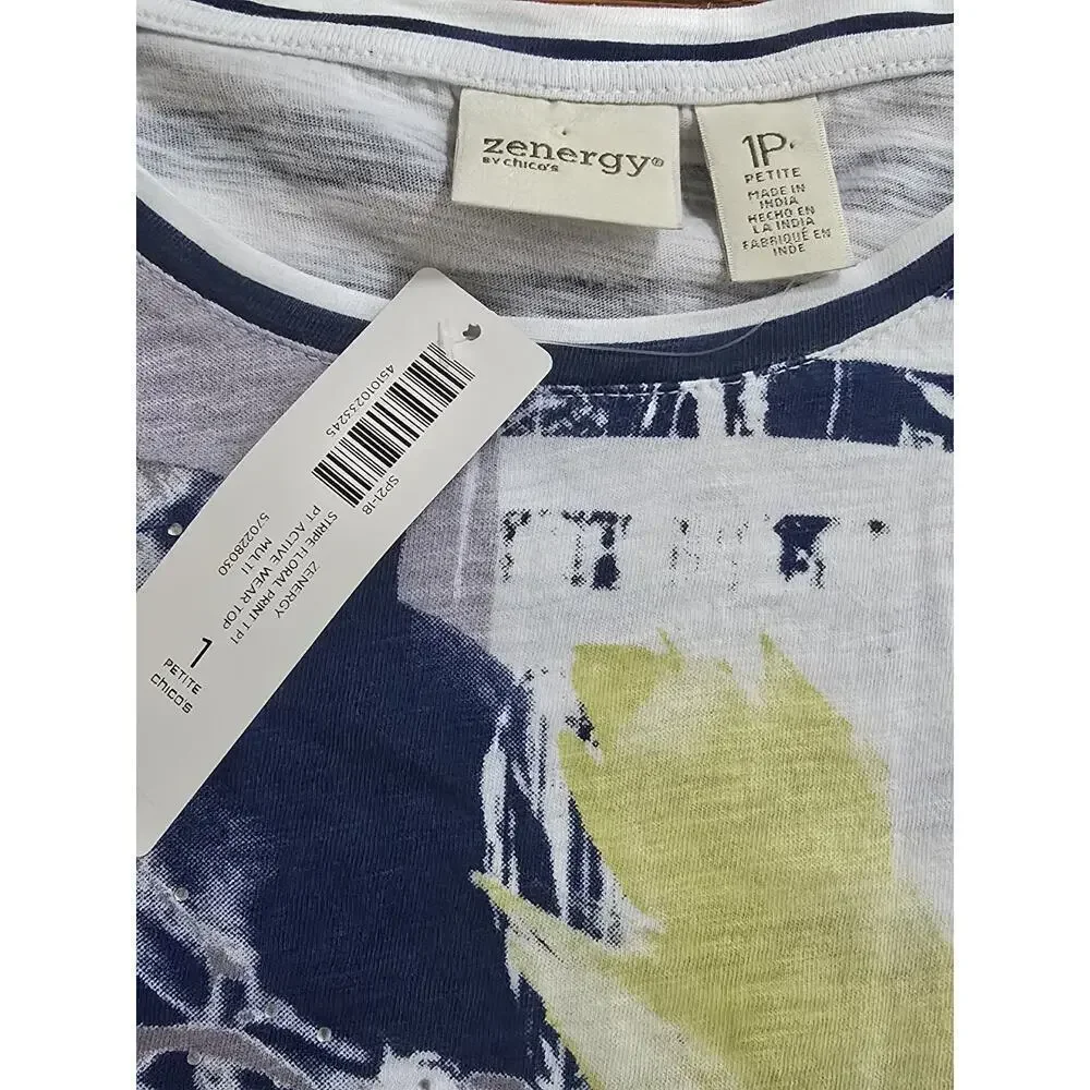 Zenergy By Chicos Striped Floral Print T Blue White 3Q Sleeve New With Tags MP - Picture 3 of 6